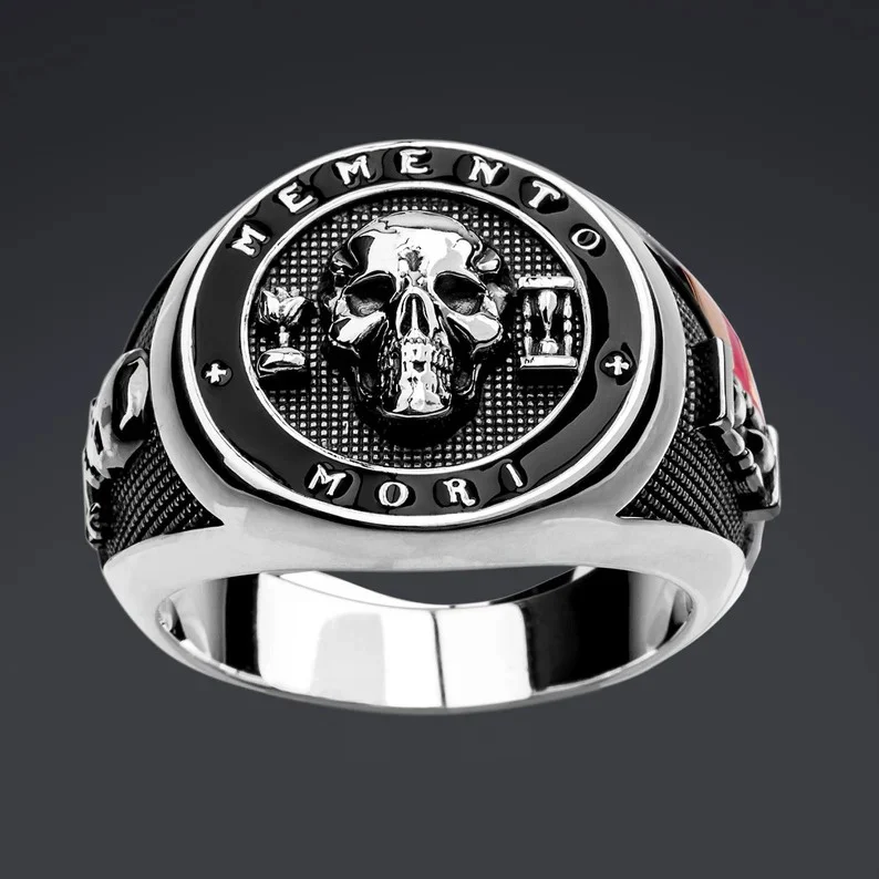 Memento Mori Skull Masonic Signet 925 Sterling Ring