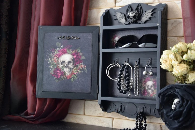 Gothic Bat Skull Wall Cabinet Decor