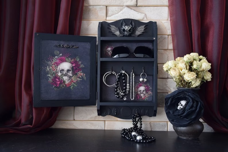 Gothic Bat Skull Wall Cabinet Decor