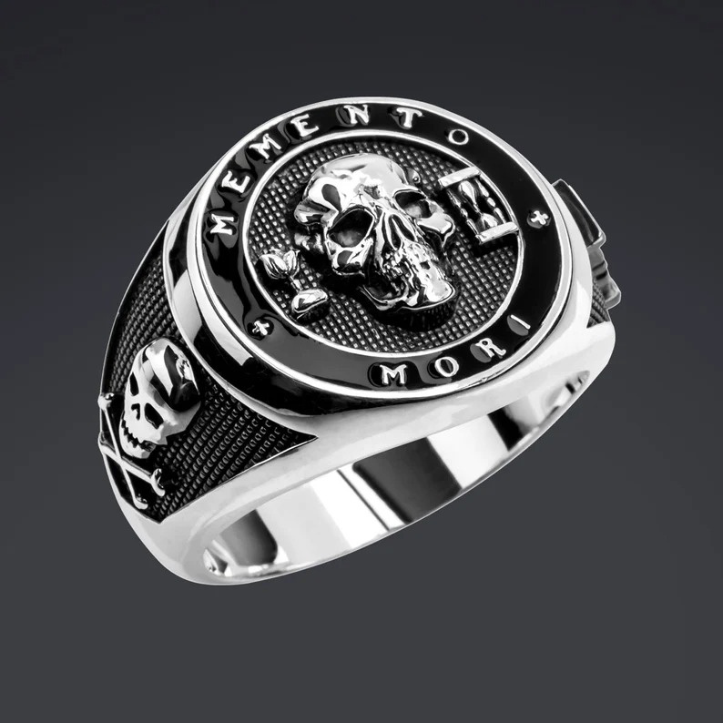 Memento Mori Skull Masonic Signet 925 Sterling Ring