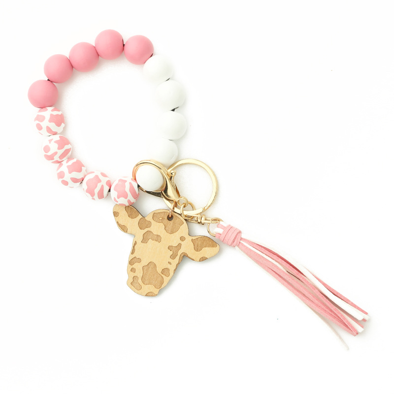 Personalized Wooden Beading Cow Head & Tassel Charm Bangle Keychain