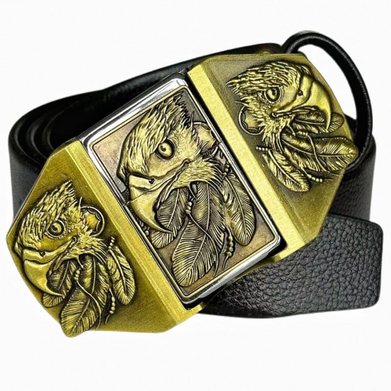 (🔥New Arrival) Fashion Punk Men's Genuine Leather Belt With Lighter - Gold Eagle