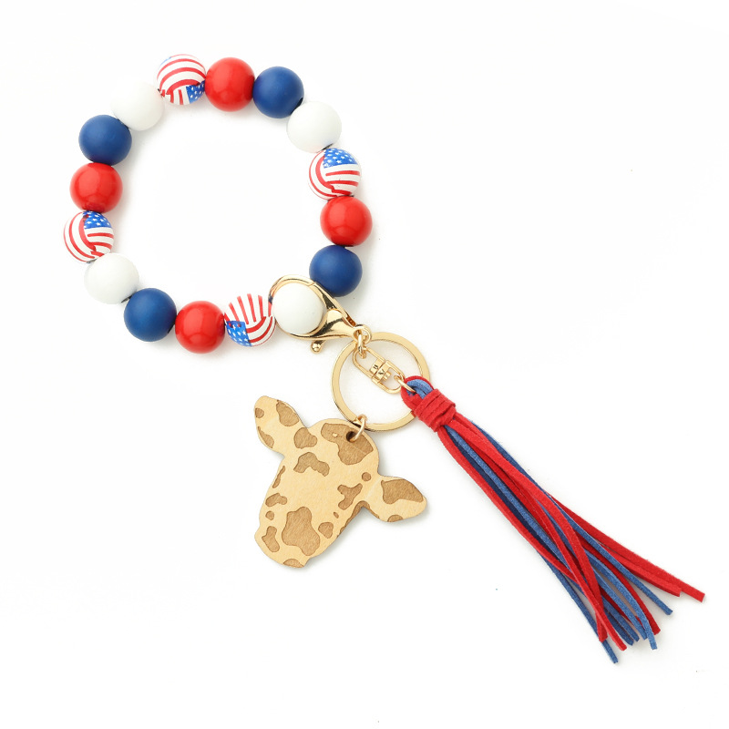 Personalized Wooden Beading Cow Head & Tassel Charm Bangle Keychain