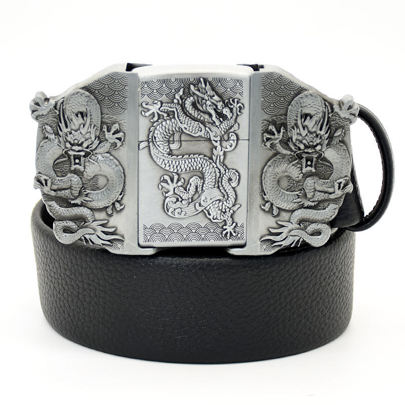 (🔥New Arrival) Fashion Punk Men's Genuine Leather Belt With Lighter - Silver Dragon