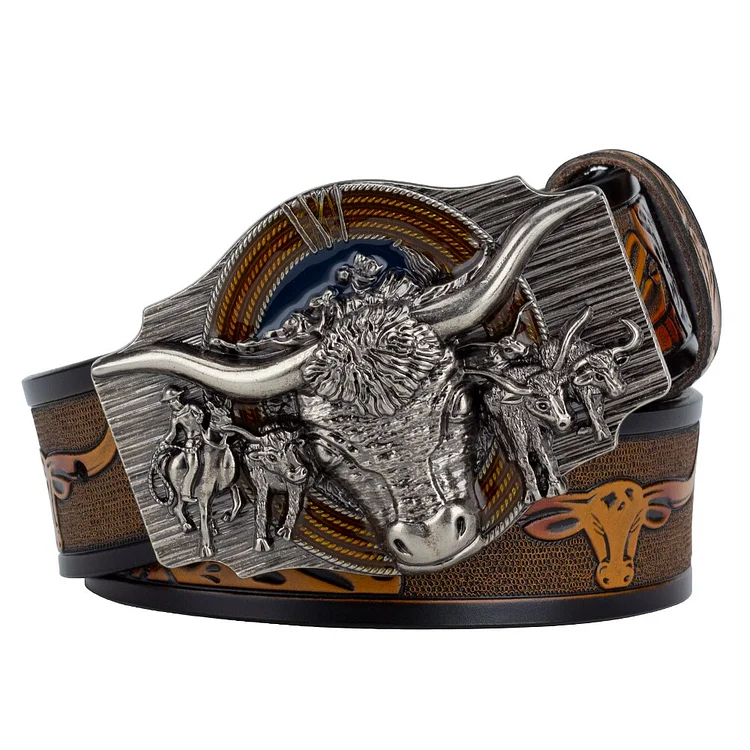🔥LAST DAY 50% OFF🔥Western Style Bull Head Genuine Leather Belt Set