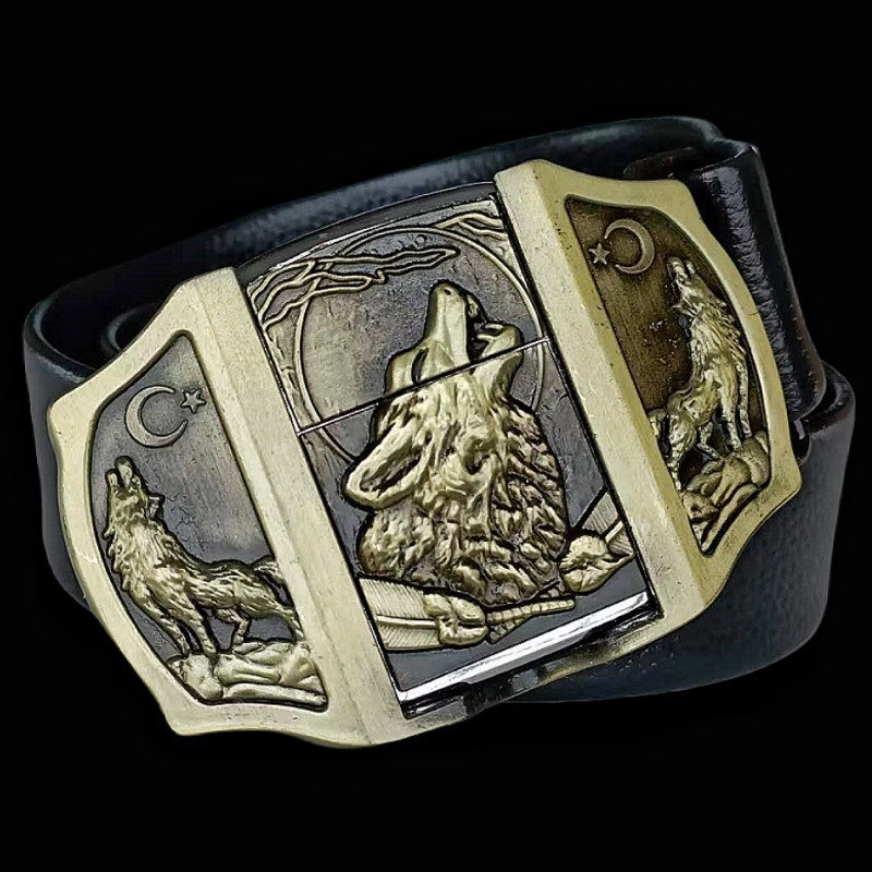(🔥New Arrival) Fashion Punk Men's Genuine Leather Belt With Lighter - Wolf