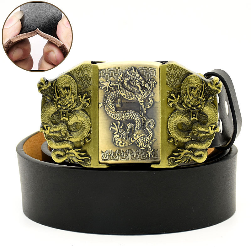 (🔥New Arrival) Fashion Punk Men's Genuine Leather Belt With Lighter - Gold Dragon