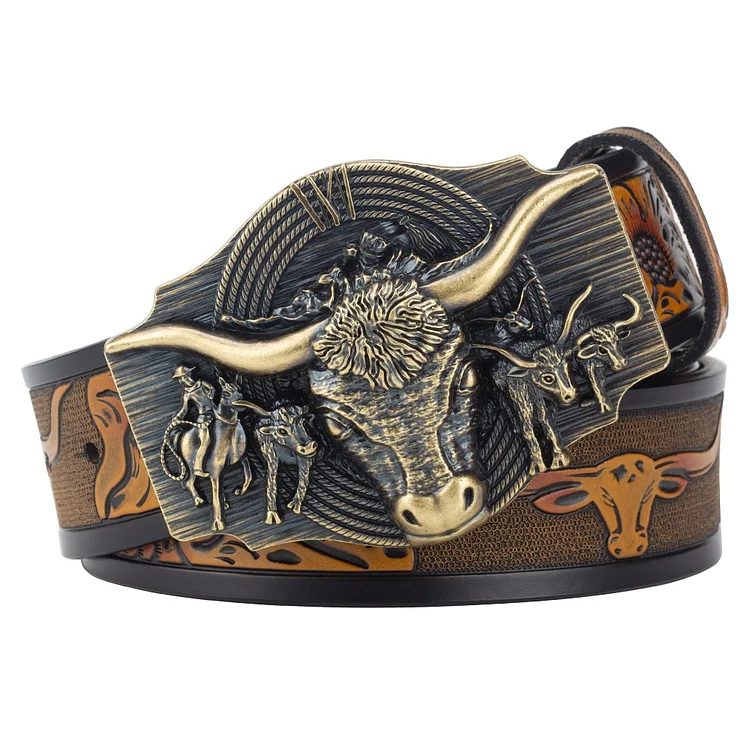 🔥LAST DAY 50% OFF🔥Western Style Bull Head Genuine Leather Belt Set