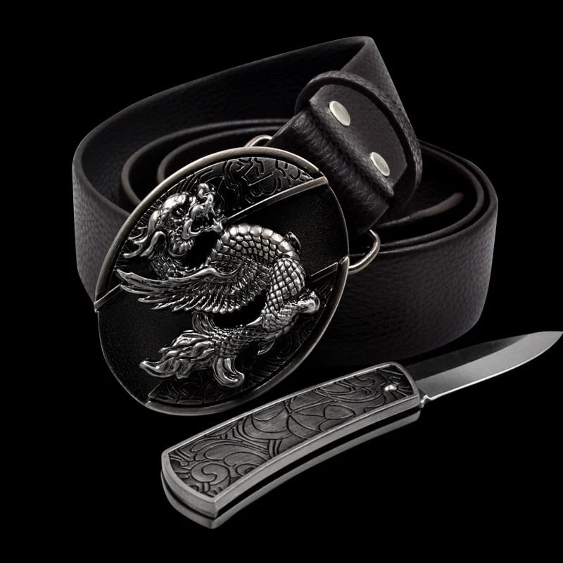 Fashion Punk Men's Genuine Leather Belt With Knife - Flying Dragon