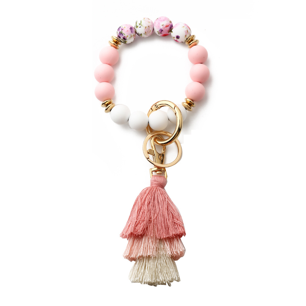 Personalized Wooden Beading Western Style Tassel Charm Bangle Keychain