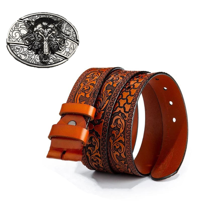 Fashion Punk Men's Genuine Leather Belt With Knife - Wolf