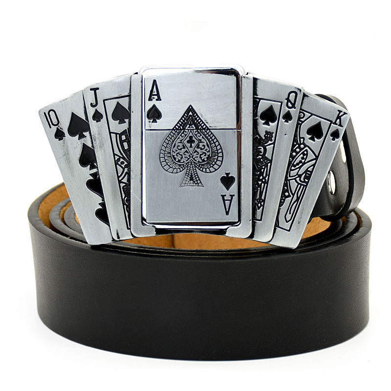 (🔥New Arrival) Fashion Punk Men's Genuine Leather Belt With Lighter - Straight Flush