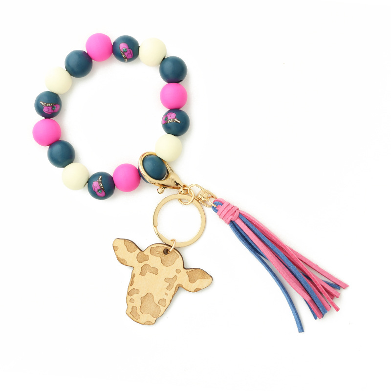 Personalized Wooden Beading Cow Head & Tassel Charm Bangle Keychain