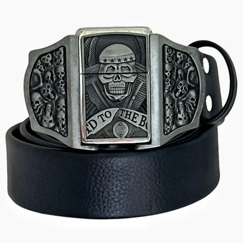 (🔥New Arrival) Fashion Punk Men's Genuine Leather Belt With Lighter - Airm Skull
