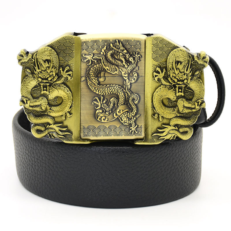 (🔥New Arrival) Fashion Punk Men's Genuine Leather Belt With Lighter - Gold Dragon
