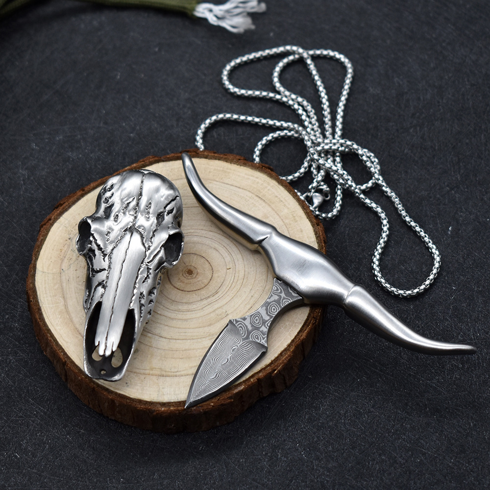🔥LAST DAY 50% OFF🔥Damascus Dagger Longhorn Skull Push Knife