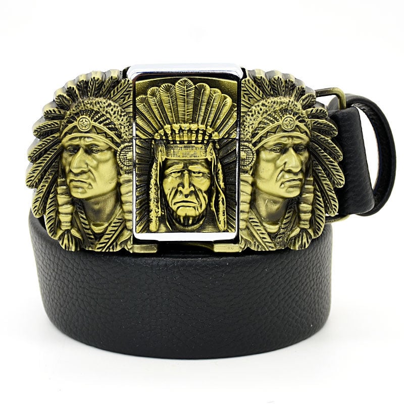 (🔥New Arrival) Fashion Punk Men's Genuine Leather Belt With Lighter - Indians