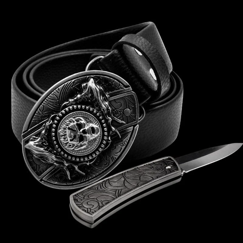 Fashion Punk Men's Genuine Leather Belt With Knife - Rotating Skull
