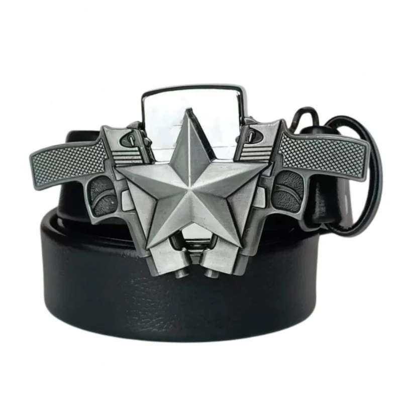 (🔥New Arrival) Fashion Punk Men's Genuine Leather Belt With Lighter - Double Gun