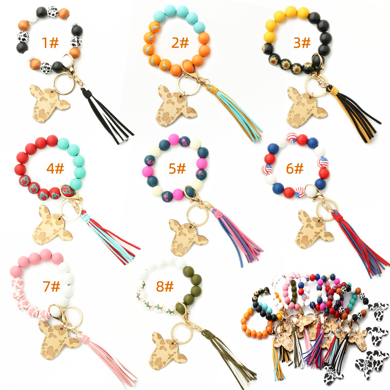 Personalized Wooden Beading Cow Head & Tassel Charm Bangle Keychain