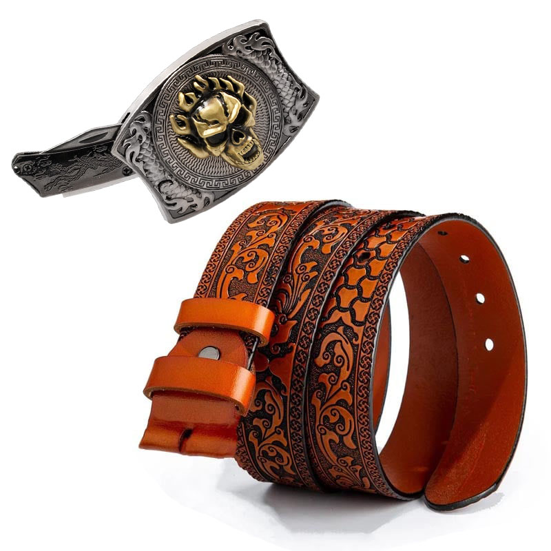 Western Fashion Genuine Leather Belt With Knife - Skull
