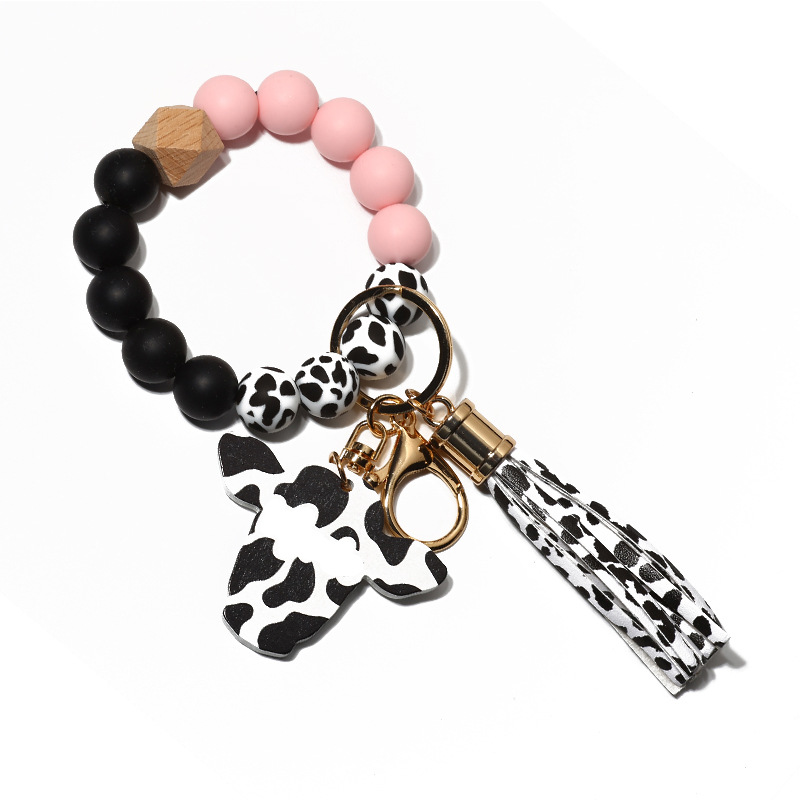 Personalized Wooden Block Beading Milk Cow Head & Tassel Charm Bangle Keychain