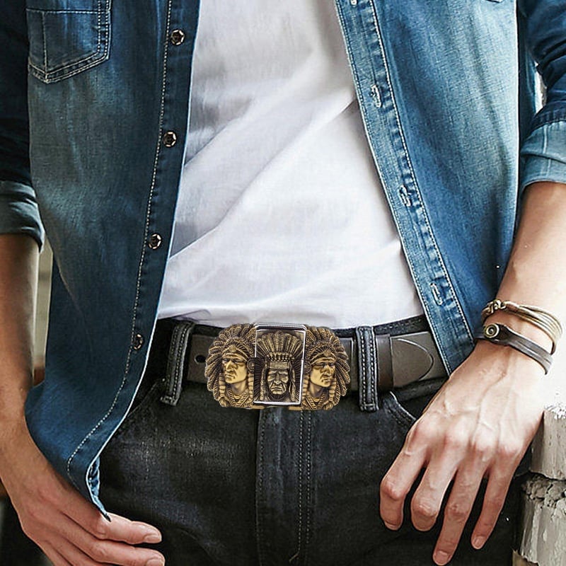 (🔥New Arrival) Fashion Punk Men's Genuine Leather Belt With Lighter - Indians