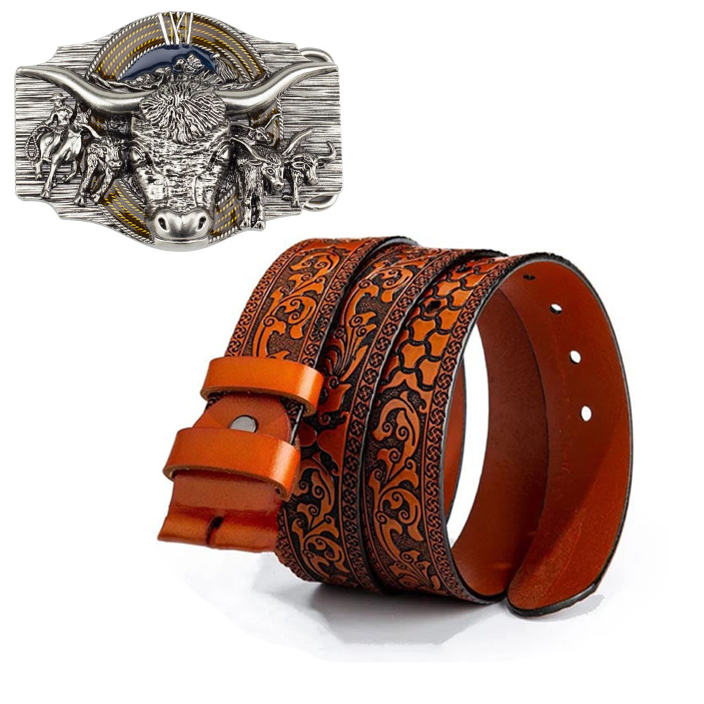 🔥LAST DAY 50% OFF🔥Western Style Bull Head Genuine Leather Belt Set