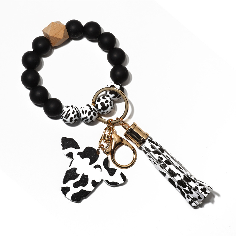 Personalized Wooden Block Beading Milk Cow Head & Tassel Charm Bangle Keychain
