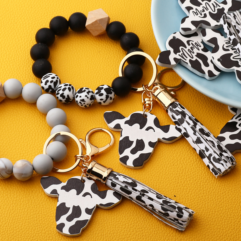 Personalized Wooden Block Beading Milk Cow Head & Tassel Charm Bangle Keychain