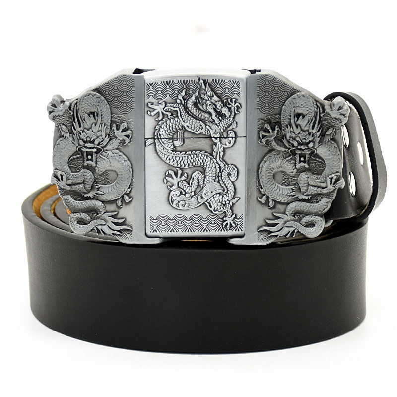 (🔥New Arrival) Fashion Punk Men's Genuine Leather Belt With Lighter - Silver Dragon