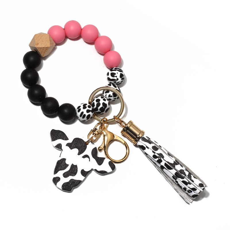 Personalized Wooden Block Beading Milk Cow Head & Tassel Charm Bangle Keychain