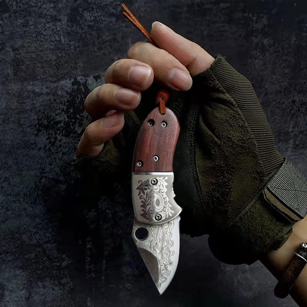 🔥LAST DAY 70% OFF🔥 Wood Handle Damascus Outdoor Mini Folding Knife EDC Pocket Knife