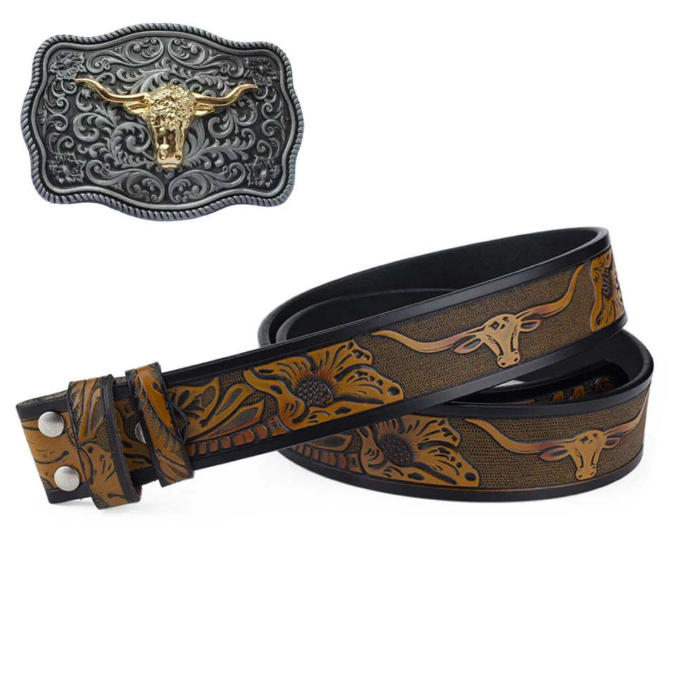 Western Style Fashion Creative Belt Buckle - Ancient Silver Longhorn