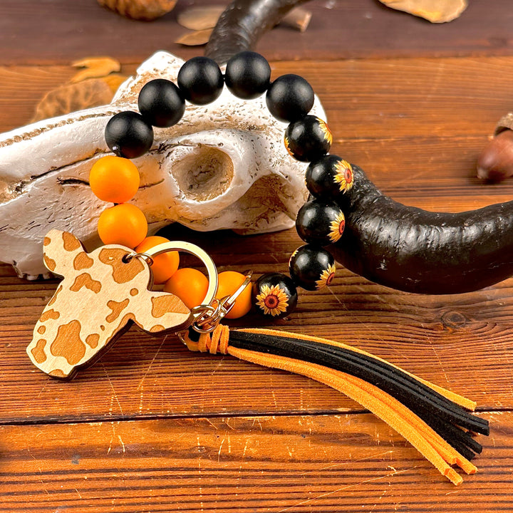Personalized Wooden Beading Cow Head & Tassel Charm Bangle Keychain
