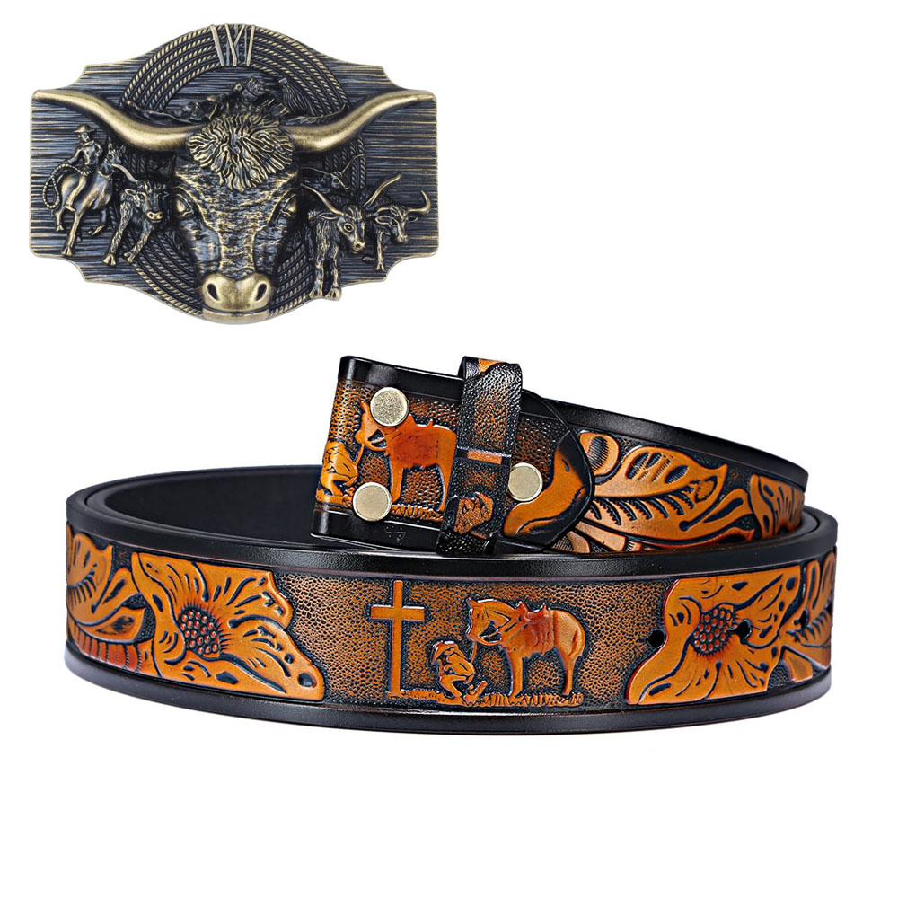🔥LAST DAY 50% OFF🔥Western Style Bull Head Genuine Leather Belt Set