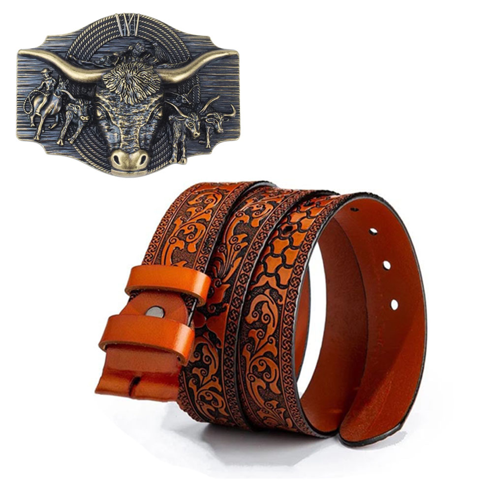 🔥LAST DAY 50% OFF🔥Western Style Bull Head Genuine Leather Belt Set